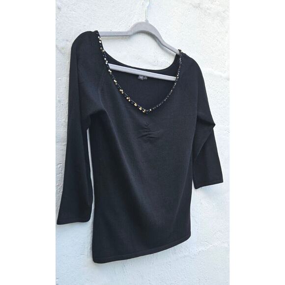 Muse Vintage 90s Top Womens 8 Med Black Silk Nylon Stretch V Neck Sequin Shirt - Picture 10 of 16